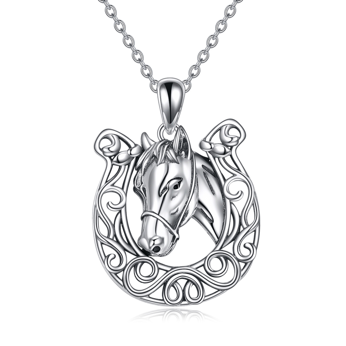 Collier en argent sterling avec pendentif cheval et fer à cheval-1