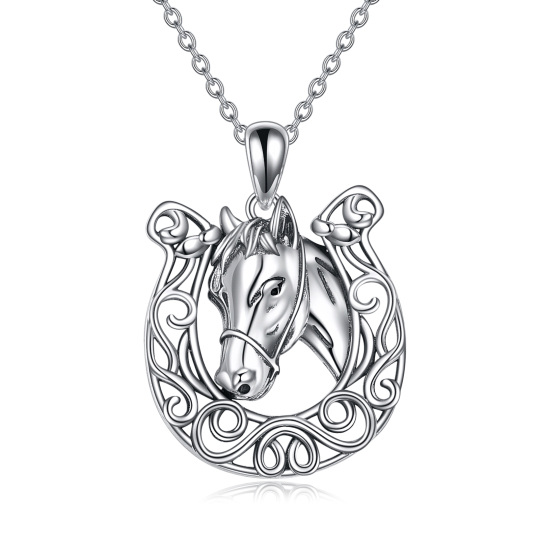 Collier en argent sterling avec pendentif cheval et fer à cheval