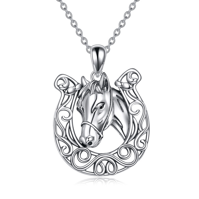 Sterling Silver Horse & Horseshoe Pendant Necklace-3