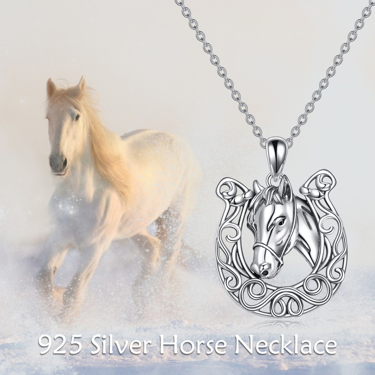 Sterling Silver Horse & Horseshoe Pendant Necklace-3