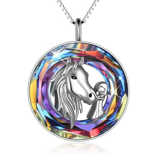 Sterling Silver Horse & Round Crystal Pendant Necklace