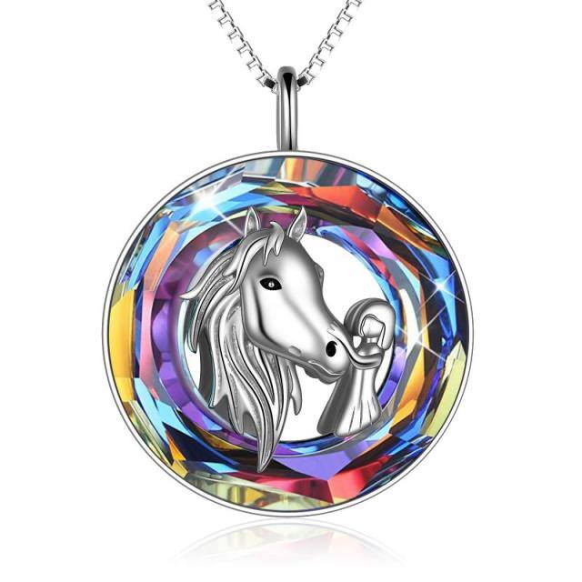 Sterling Silver Horse & Round Crystal Pendant Necklace-5