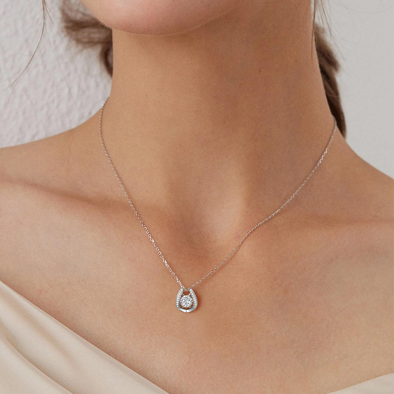 Sterling Silver Cubic Zirconia Horseshoe Pendant Necklace-3