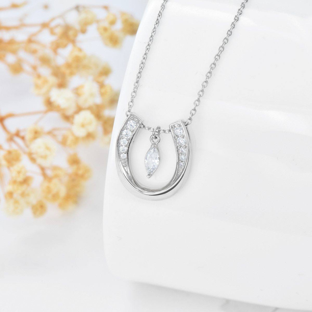 Sterling Silver Cubic Zirconia Horseshoe Pendant Necklace-3