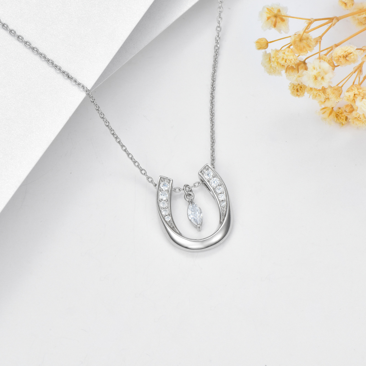 Sterling Silver Cubic Zirconia Horseshoe Pendant Necklace-4