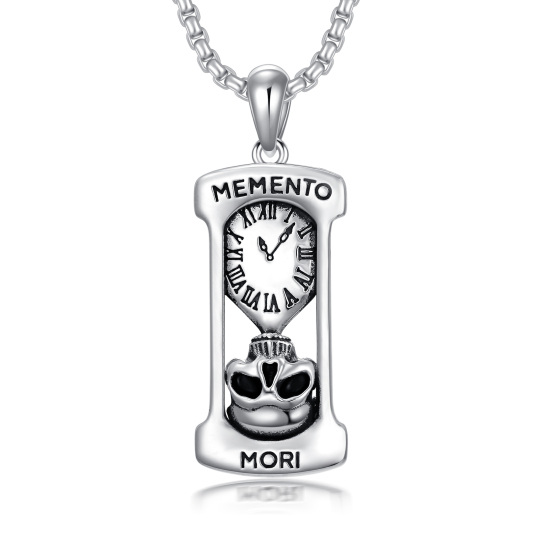 Collana con ciondolo a clessidra e teschio in argento sterling con parola incisa