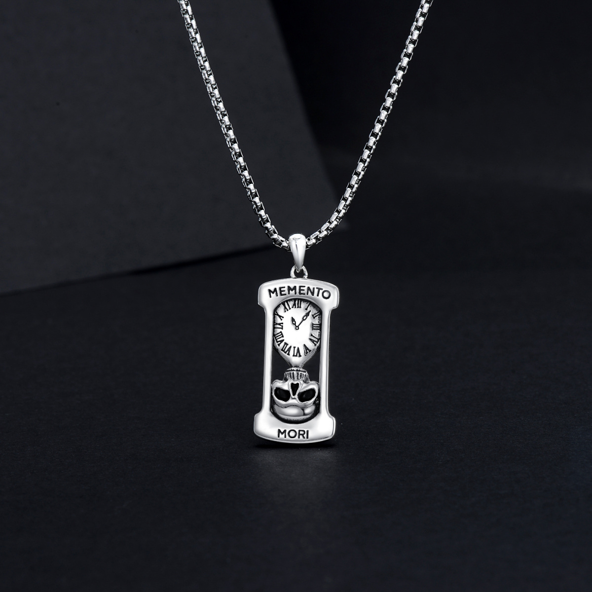 Sterling Silver Hourglass & Skull Pendant Necklace with Engraved Word-3