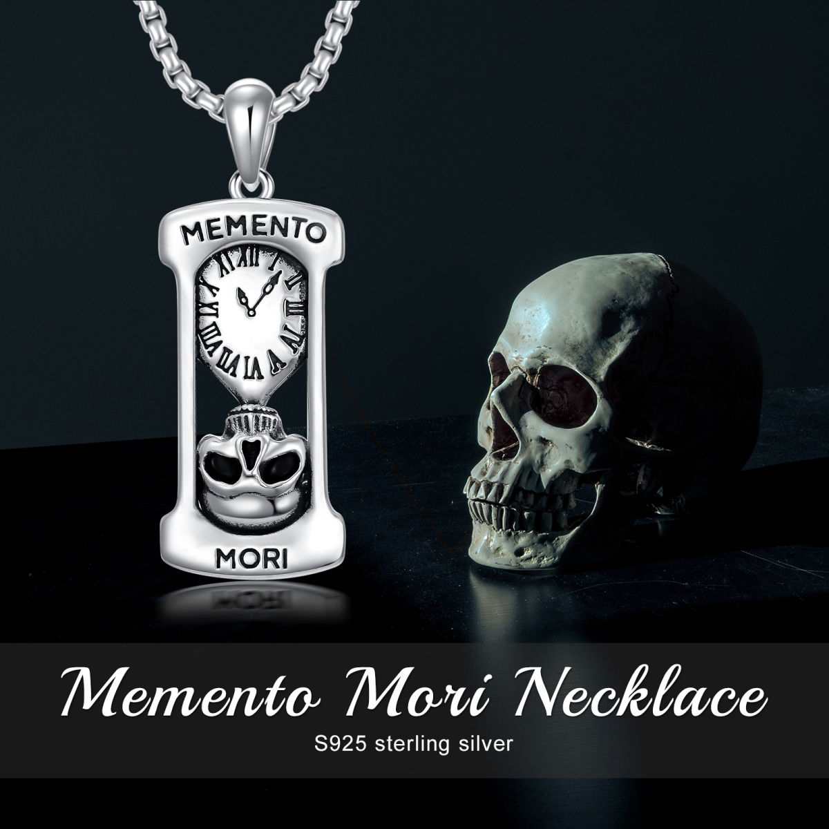 Sterling Silver Hourglass & Skull Pendant Necklace with Engraved Word-5