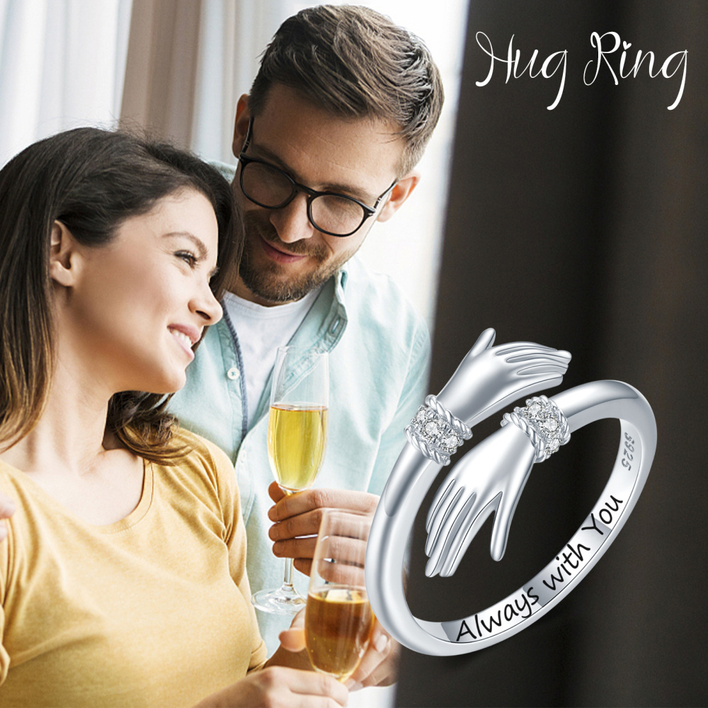 Sterling Silver Cubic Zirconia Hug Open Ring with Engraved Word-5