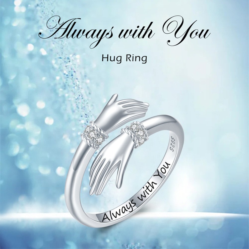 Sterling Silver Cubic Zirconia Hug Open Ring with Engraved Word-6