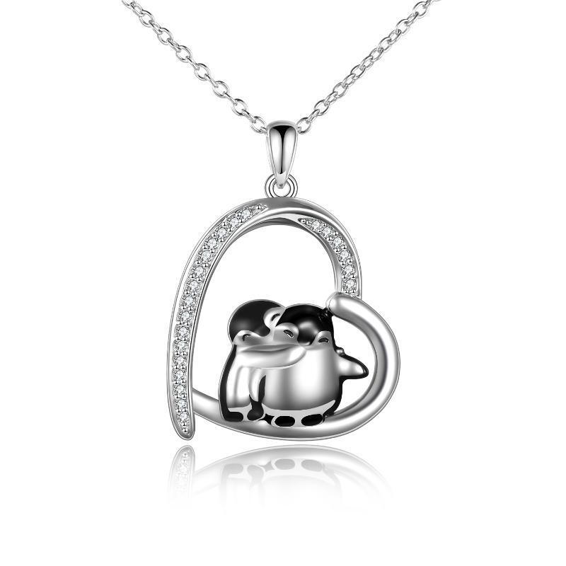 Colar com pingente de pinguins e coração em prata de lei com zircónias cúbicas-1