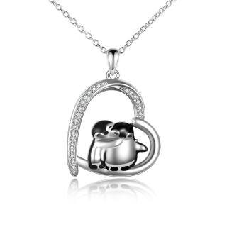 Sterling Silver Cubic Zirconia Hugging Penguins & Heart Pendant Necklace-52