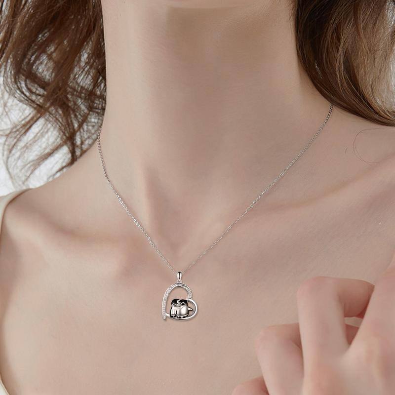 Sterling Silver Cubic Zirconia Hugging Penguins & Heart Pendant Necklace-2