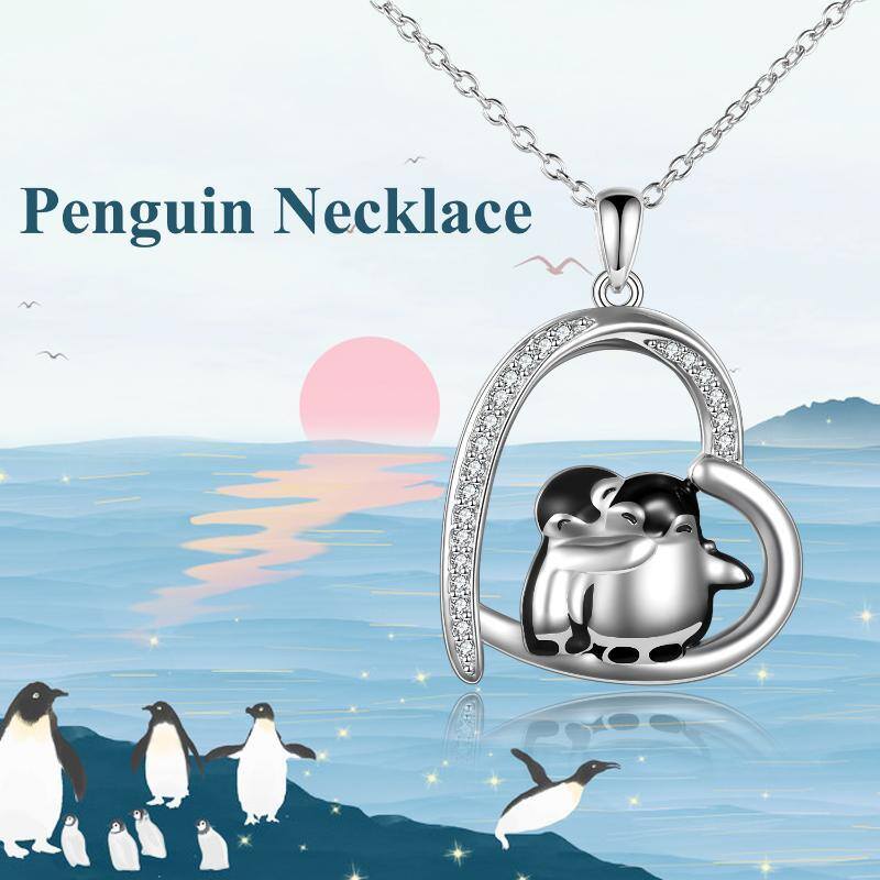 Sterling Silver Cubic Zirconia Hugging Penguins & Heart Pendant Necklace-3