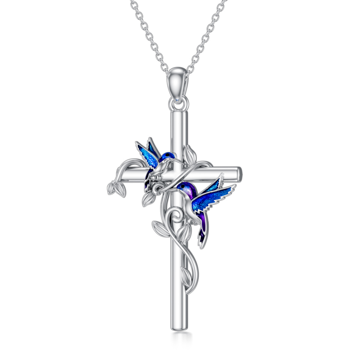 Sterling Silver Hummingbird & Cross Pendant Necklace-1