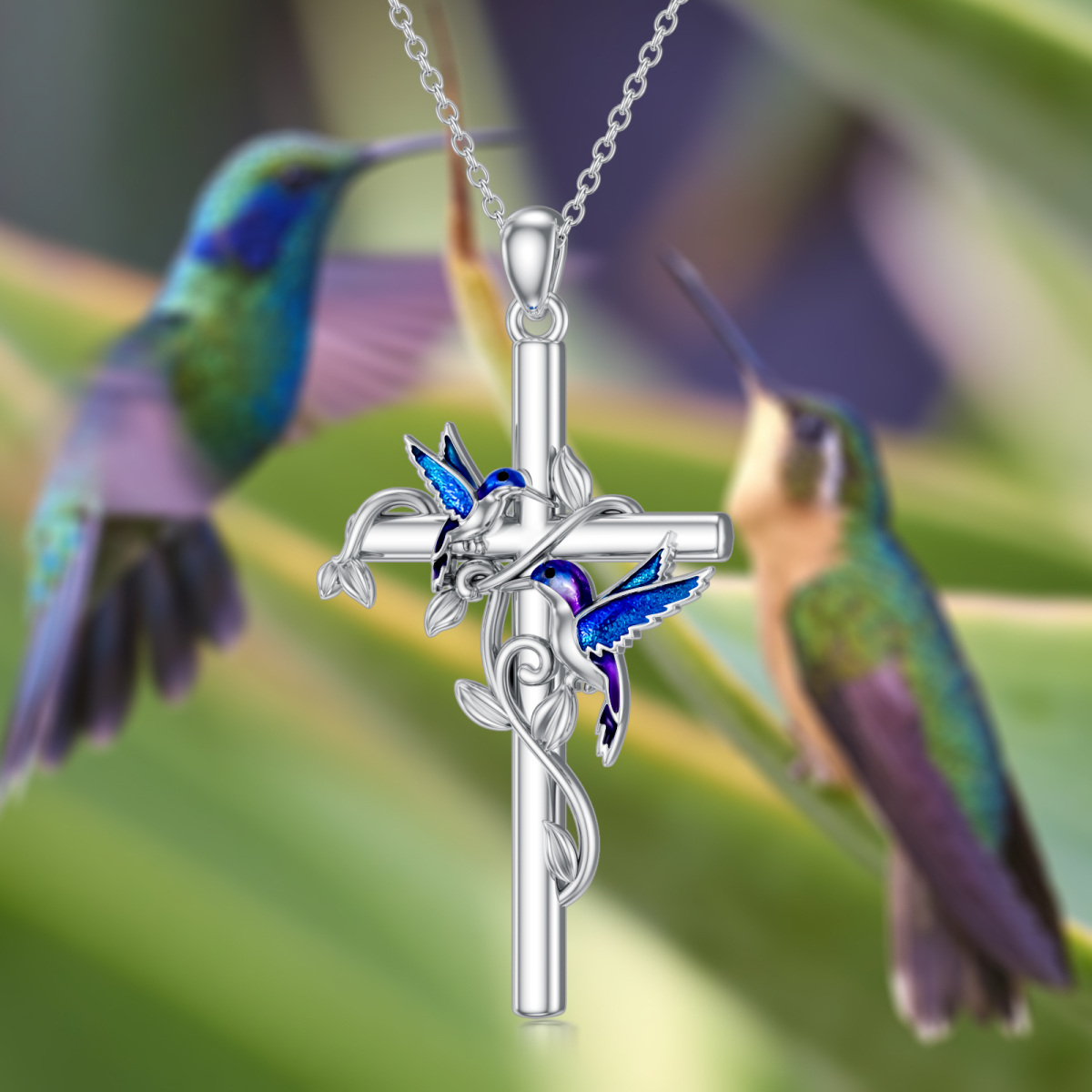 Sterling Silver Hummingbird & Cross Pendant Necklace-3