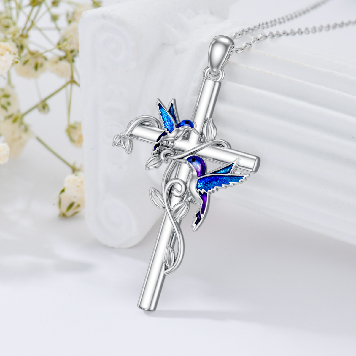 Sterling Silver Hummingbird & Cross Pendant Necklace-4