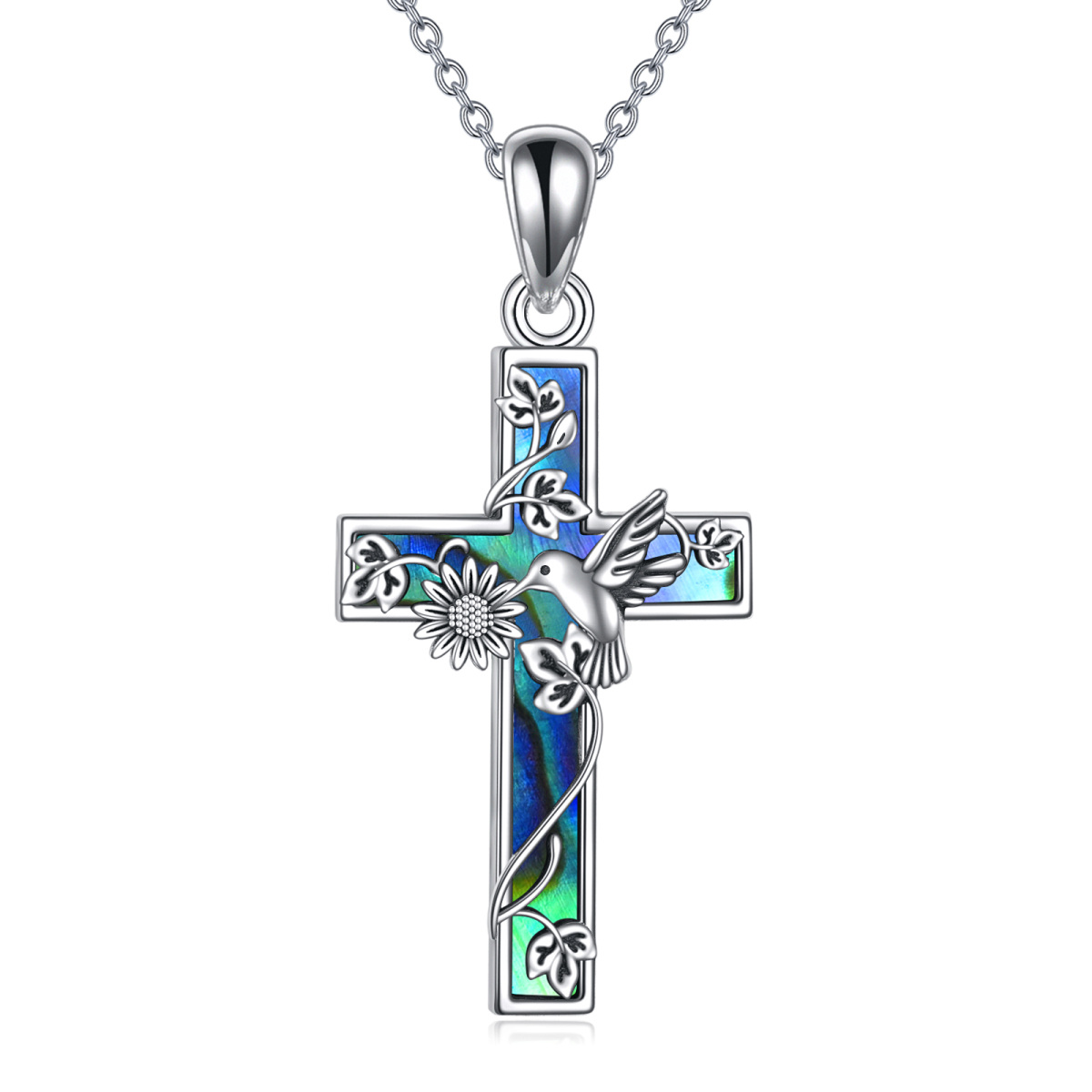 Sterling Silver Hummingbird & Cross Pendant Necklace for Women-1