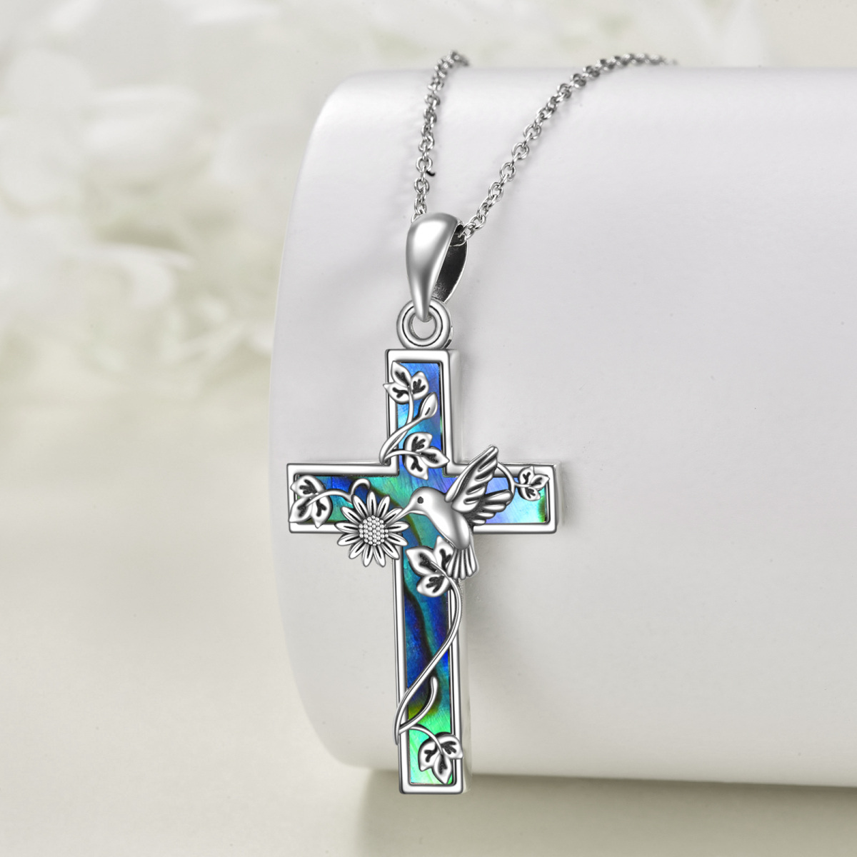 Sterling Silver Hummingbird & Cross Pendant Necklace for Women-3