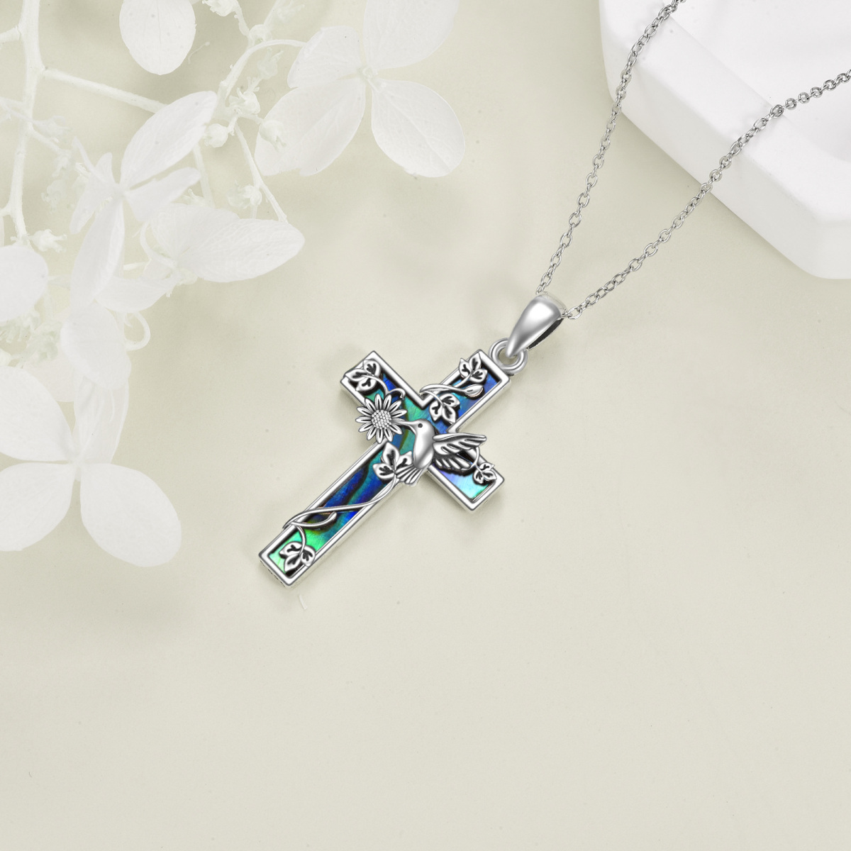 Sterling Silver Hummingbird & Cross Pendant Necklace for Women-4