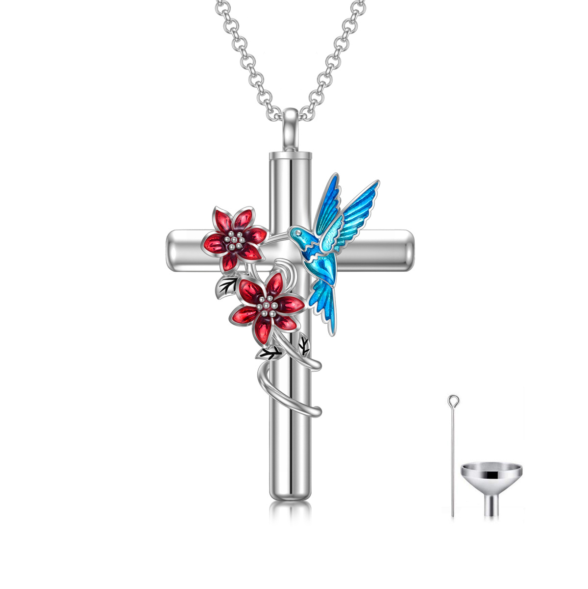 Sterling Silver Cubic Zirconia Hummingbird & Cross Urn Necklace for Ashes-1