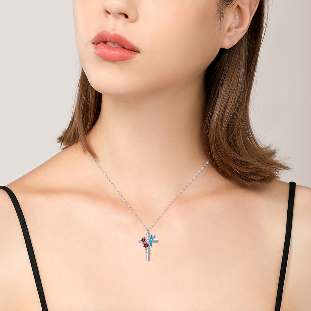 Sterling Silver Hummingbird With Cross Urn Necklace For Ashes With Engraved Word For Women-2