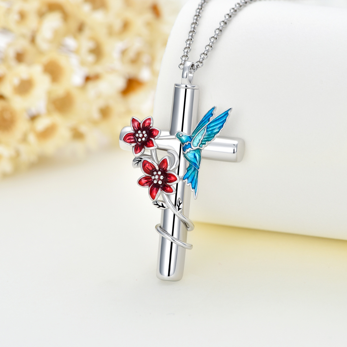 Sterling Silver Cubic Zirconia Hummingbird & Cross Urn Necklace for Ashes-3