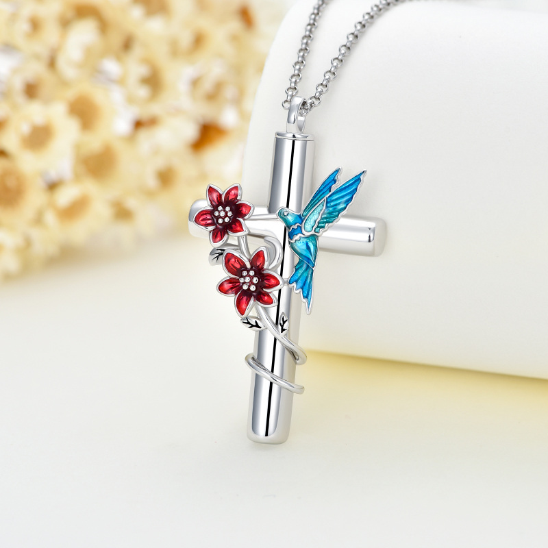 Sterling Silver Hummingbird With Cross Urn Necklace For Ashes With Engraved Word For Women-3