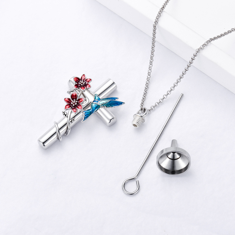 Sterling Silver Hummingbird With Cross Urn Necklace For Ashes With Engraved Word For Women-4