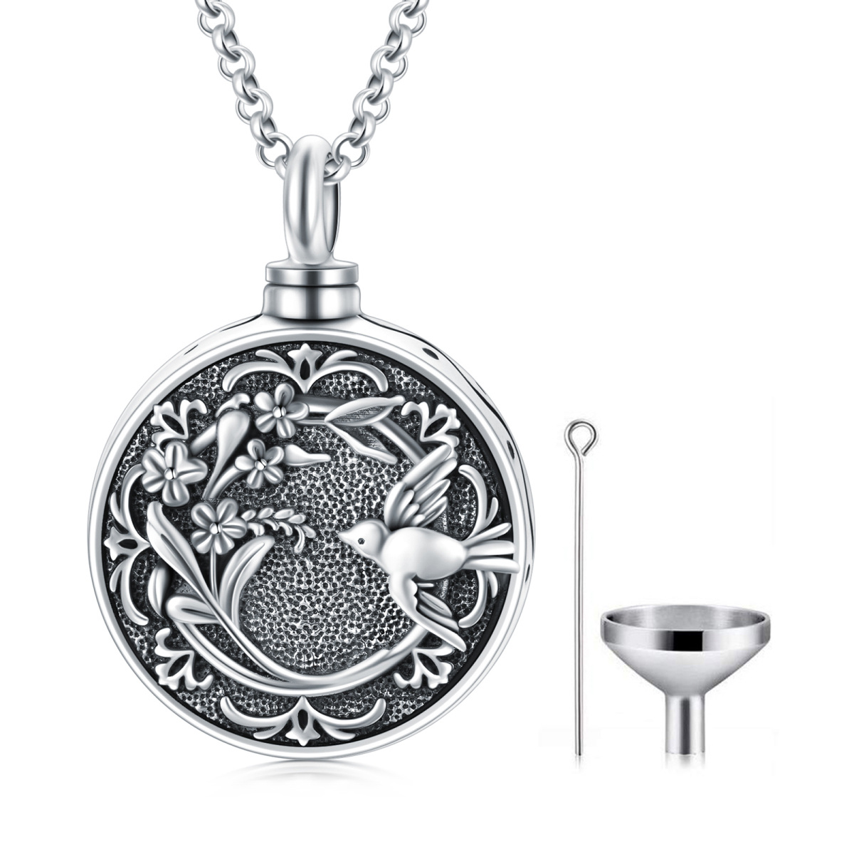 Sterling Silver Hummingbird & Flower Of Life Urn Necklace for Ashes with Engraved Word-1