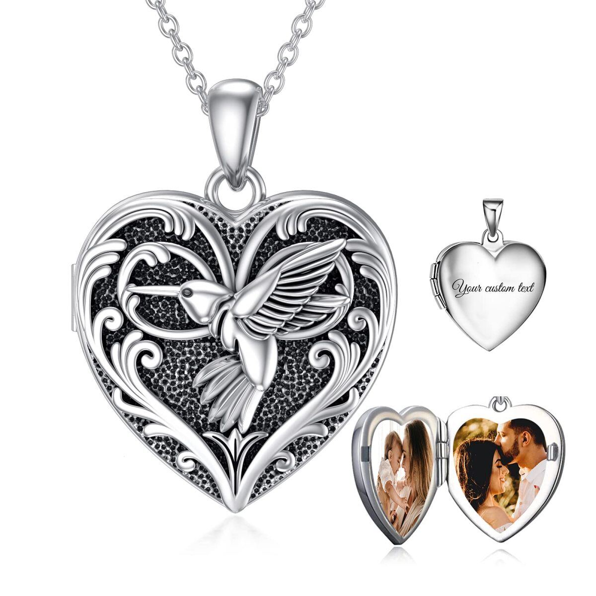 Sterling Silver Hummingbird Heart Personalized Engraving Photo Locket Necklace-1