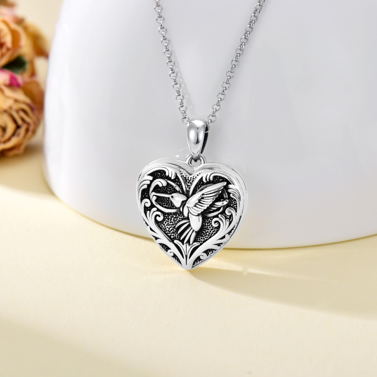 Sterling Silver Hummingbird Heart Personalized Engraving Photo Locket Necklace-3