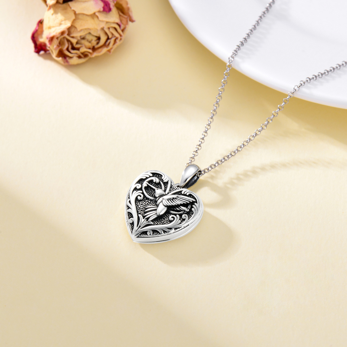 Sterling Silver Hummingbird Heart Personalized Engraving Photo Locket Necklace-4