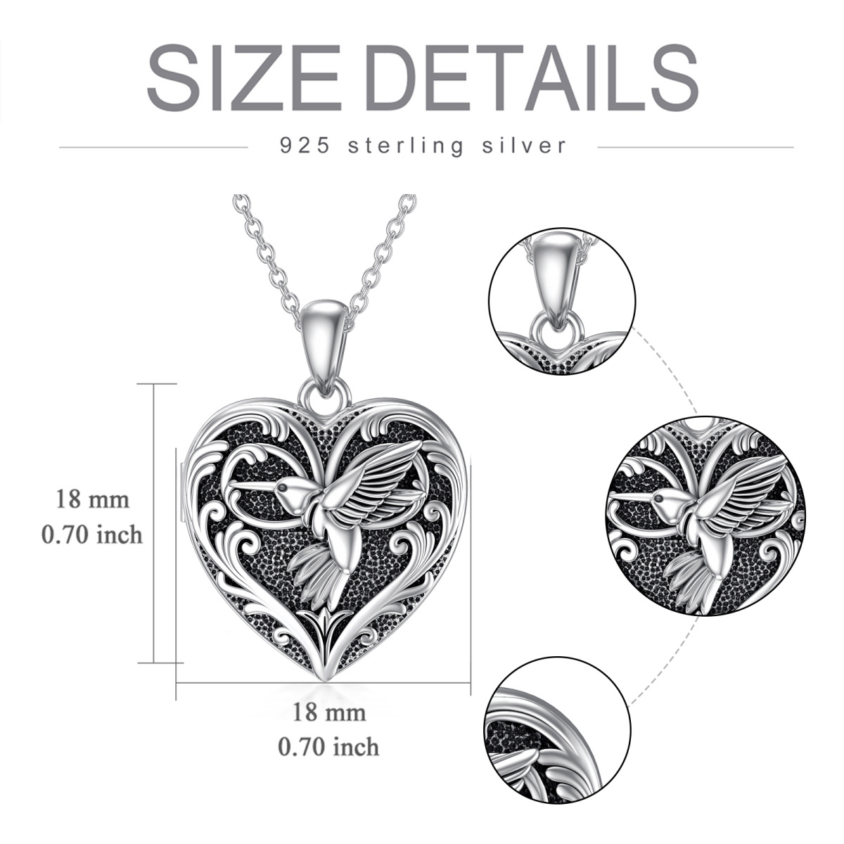 Sterling Silver Hummingbird Heart Personalized Engraving Photo Locket Necklace-6