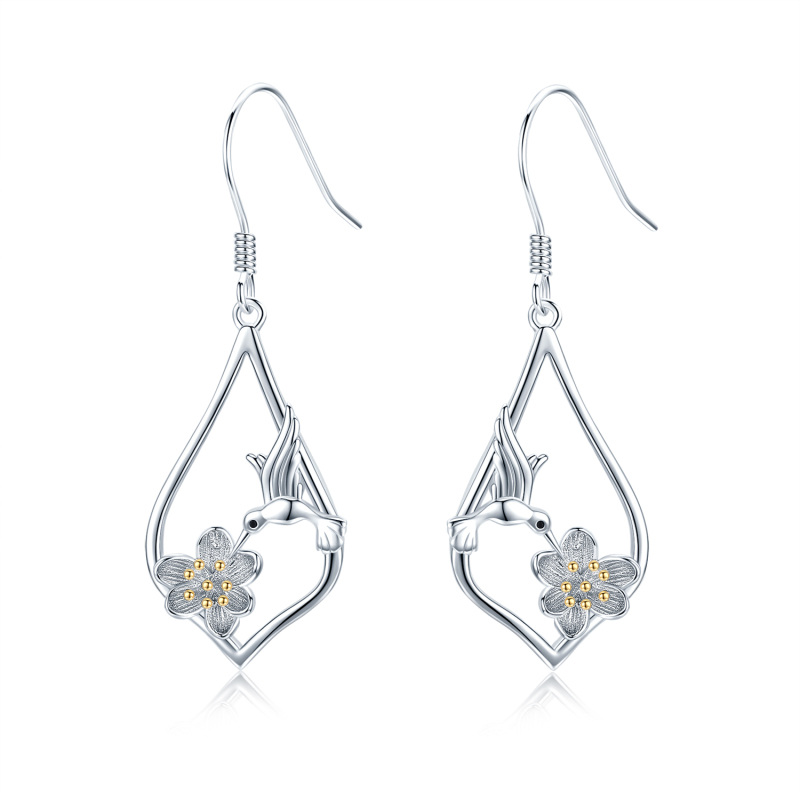 Sterling Silver Hummingbird & Lotus Drop Earrings