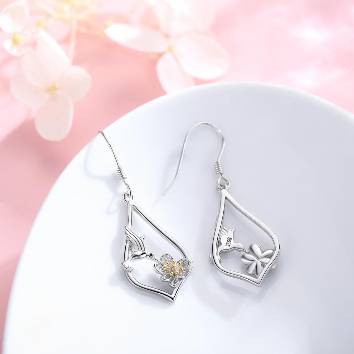 Sterling Silver Hummingbird & Lotus Drop Earrings-3