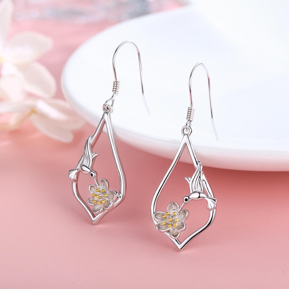 Sterling Silver Hummingbird & Lotus Drop Earrings-4