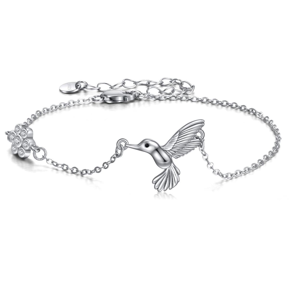 Sterling Silver Cubic Zirconia Hummingbird Charm Bracelet-1