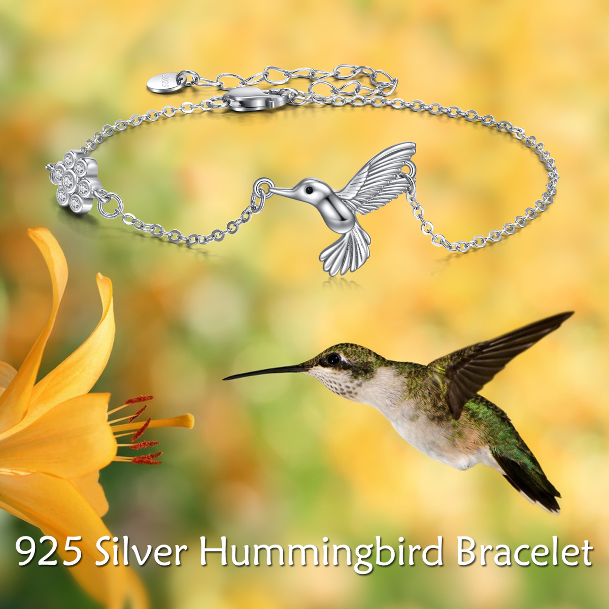 Sterling Silver Cubic Zirconia Hummingbird Charm Bracelet-3