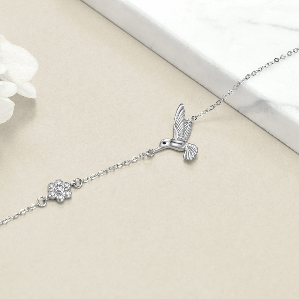 Sterling Silver Cubic Zirconia Hummingbird Charm Bracelet-5