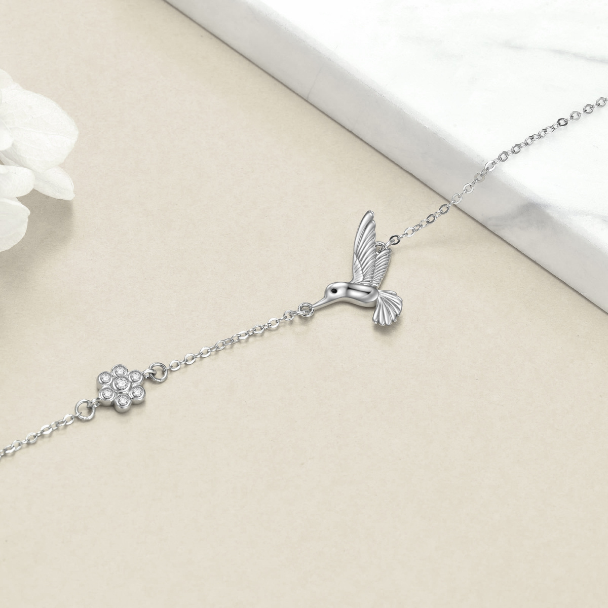 Sterling Silver Cubic Zirconia Hummingbird Charm Bracelet-5