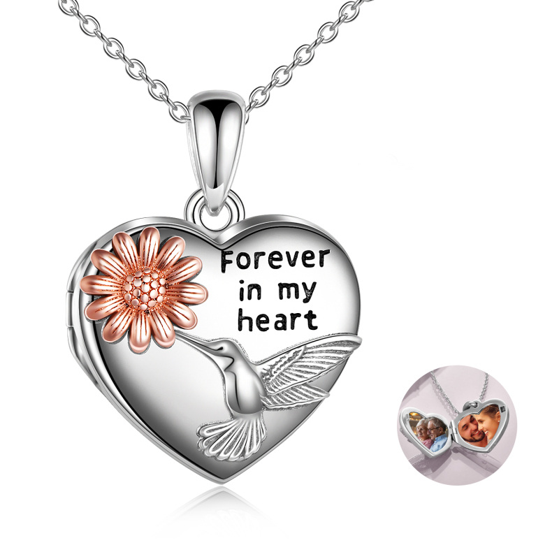 Sterling Silver Hummingbird & Sunflower Personalized Photo Locket Necklace with Engraved Word-11