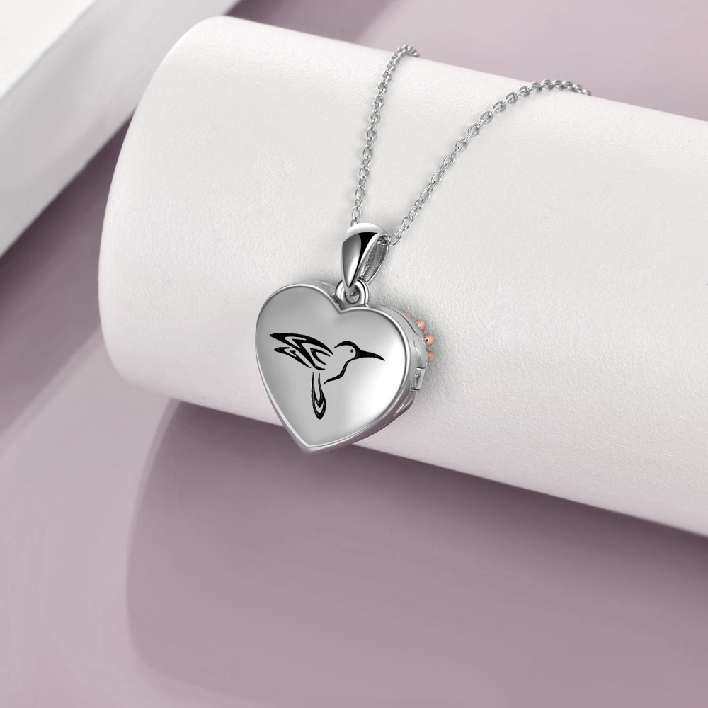 Sterling Silver Hummingbird & Sunflower Personalized Photo Locket Necklace with Engraved Word-4