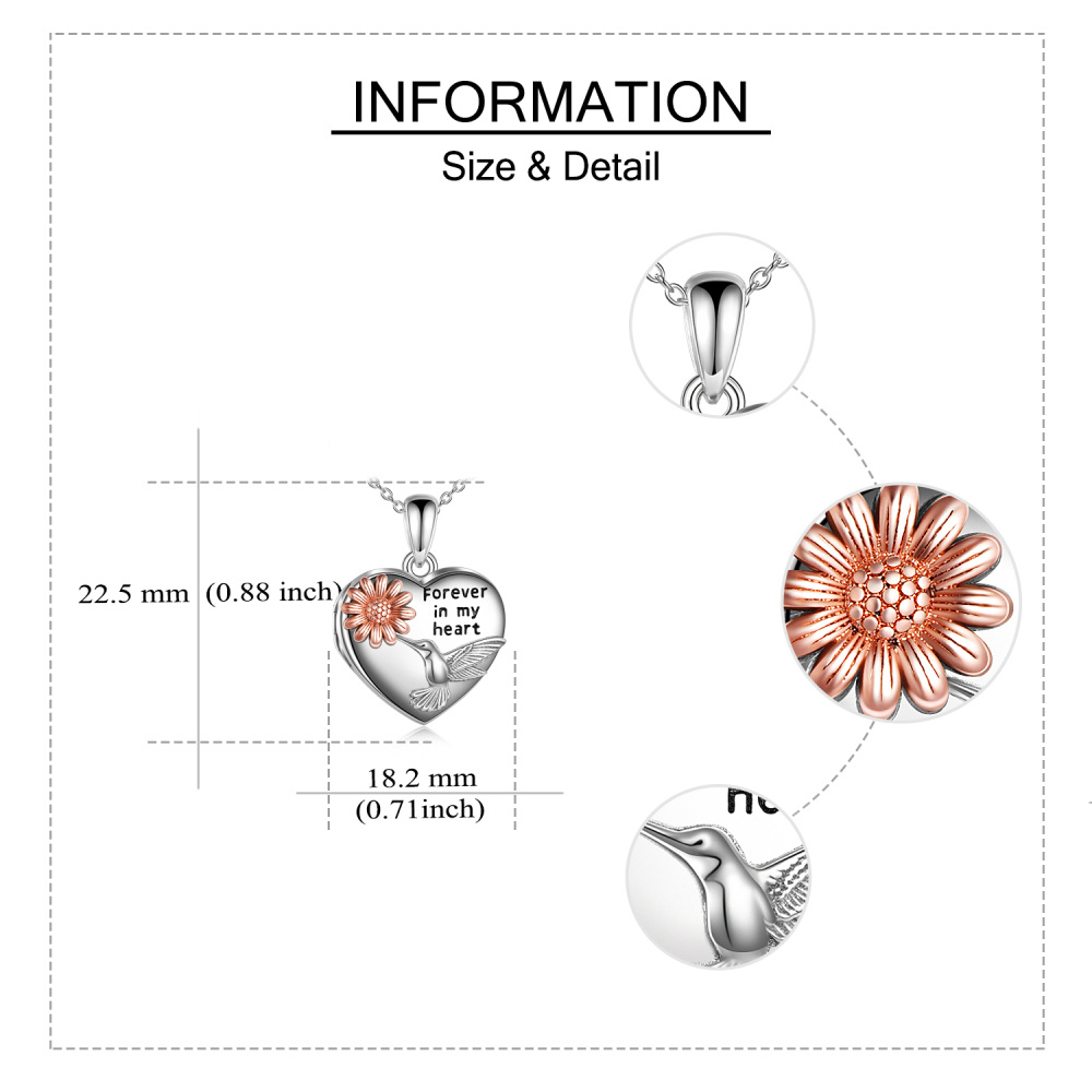 Sterling Silver Hummingbird & Sunflower Personalized Photo Locket Necklace with Engraved Word-5