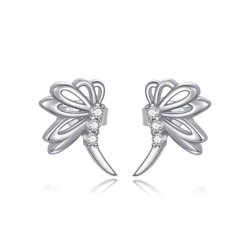 Sterling Silver Cubic Zirconia Dragonfly Stud Earrings-2