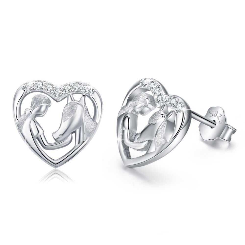 Sterling Silver Cubic Zirconia Horse & Heart Stud Earrings-1