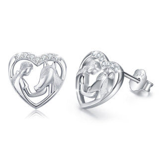 Sterling Silver Cubic Zirconia Horse & Heart Stud Earrings-36