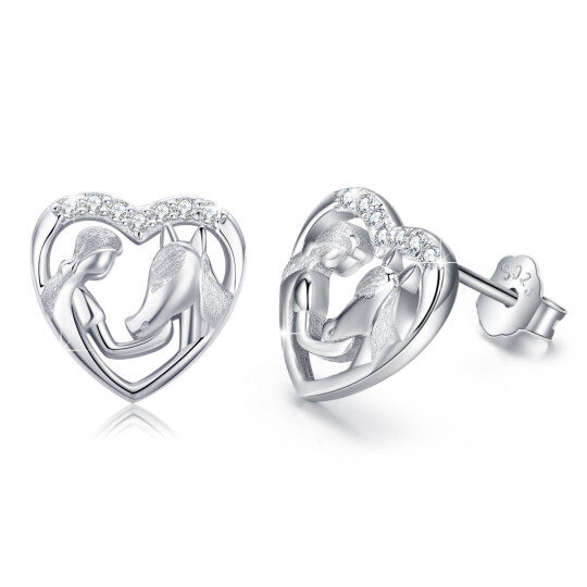 Sterling Silver Cubic Zirconia Horse & Heart Stud Earrings