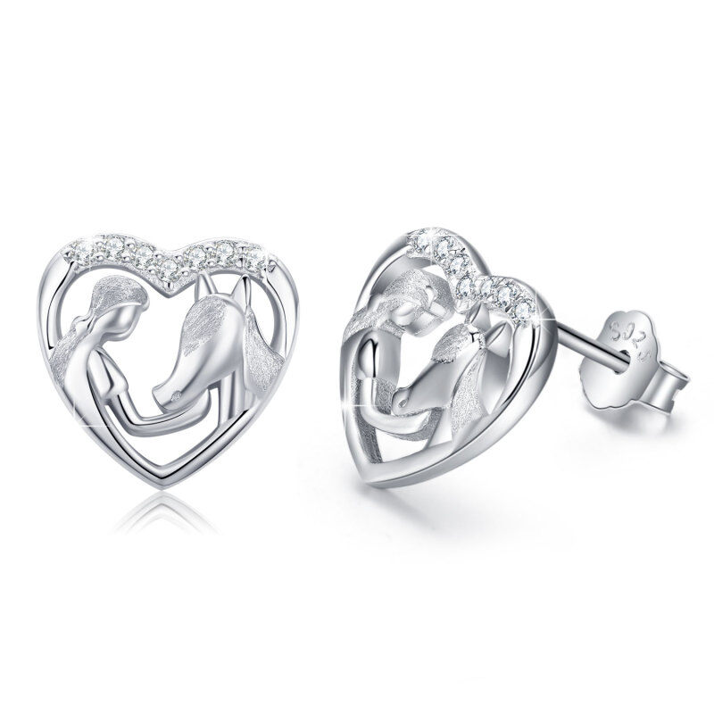Sterling Silver Cubic Zirconia Horse & Heart Stud Earrings-10
