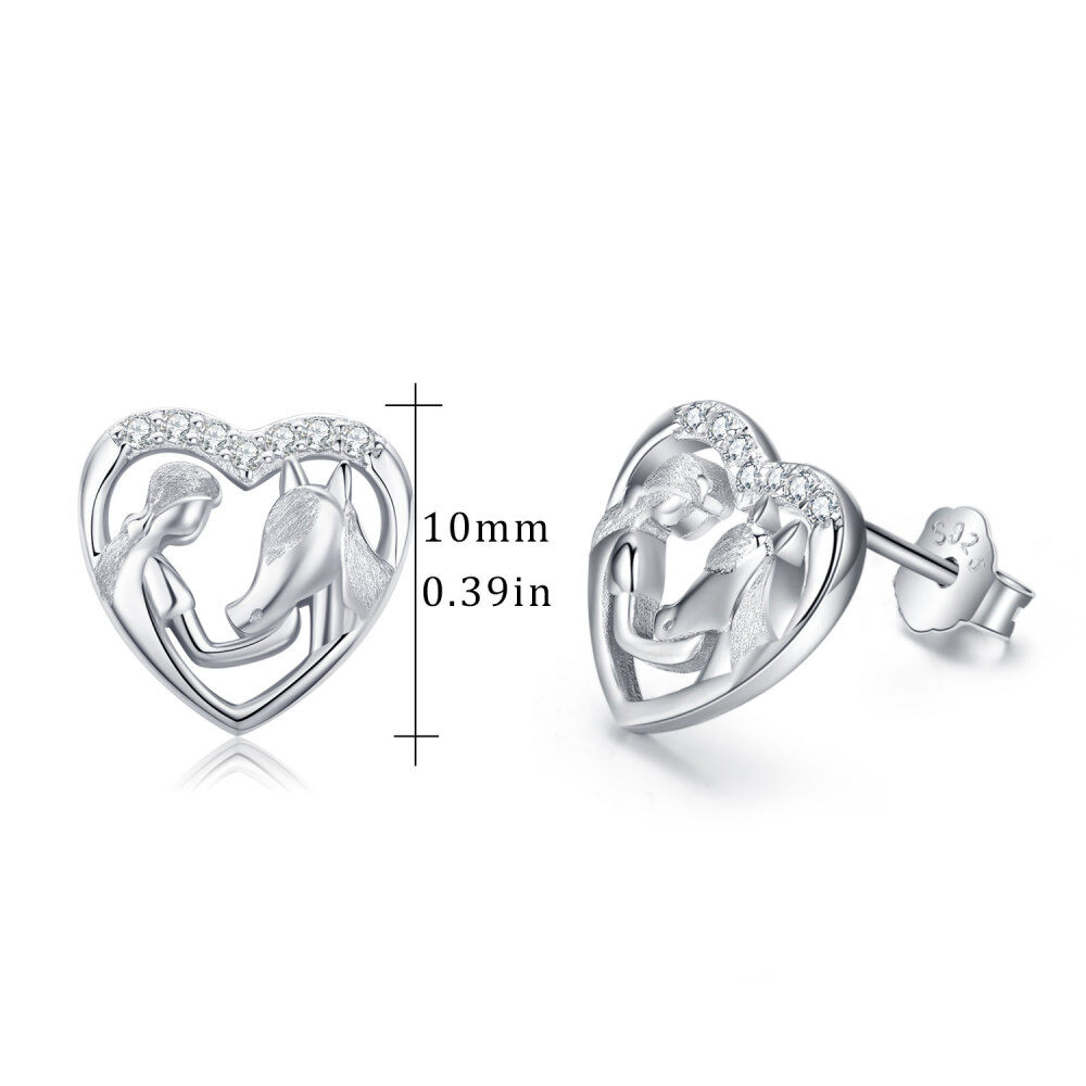 Sterling Silver Cubic Zirconia Horse & Heart Stud Earrings-5